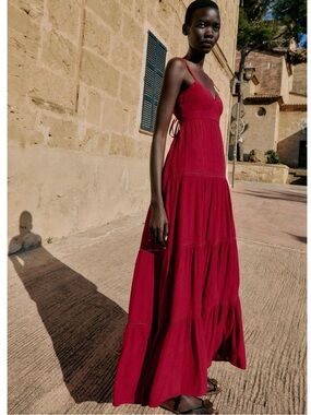 Zara Long Strappy Dress in raspberry, featuring tonal lace trim